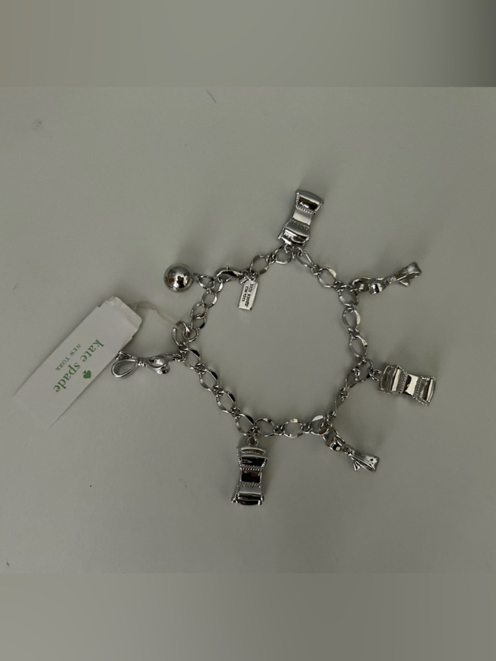NWT Kate Spade New York Silver Bow Charm Bracelet, Playful Chain Link